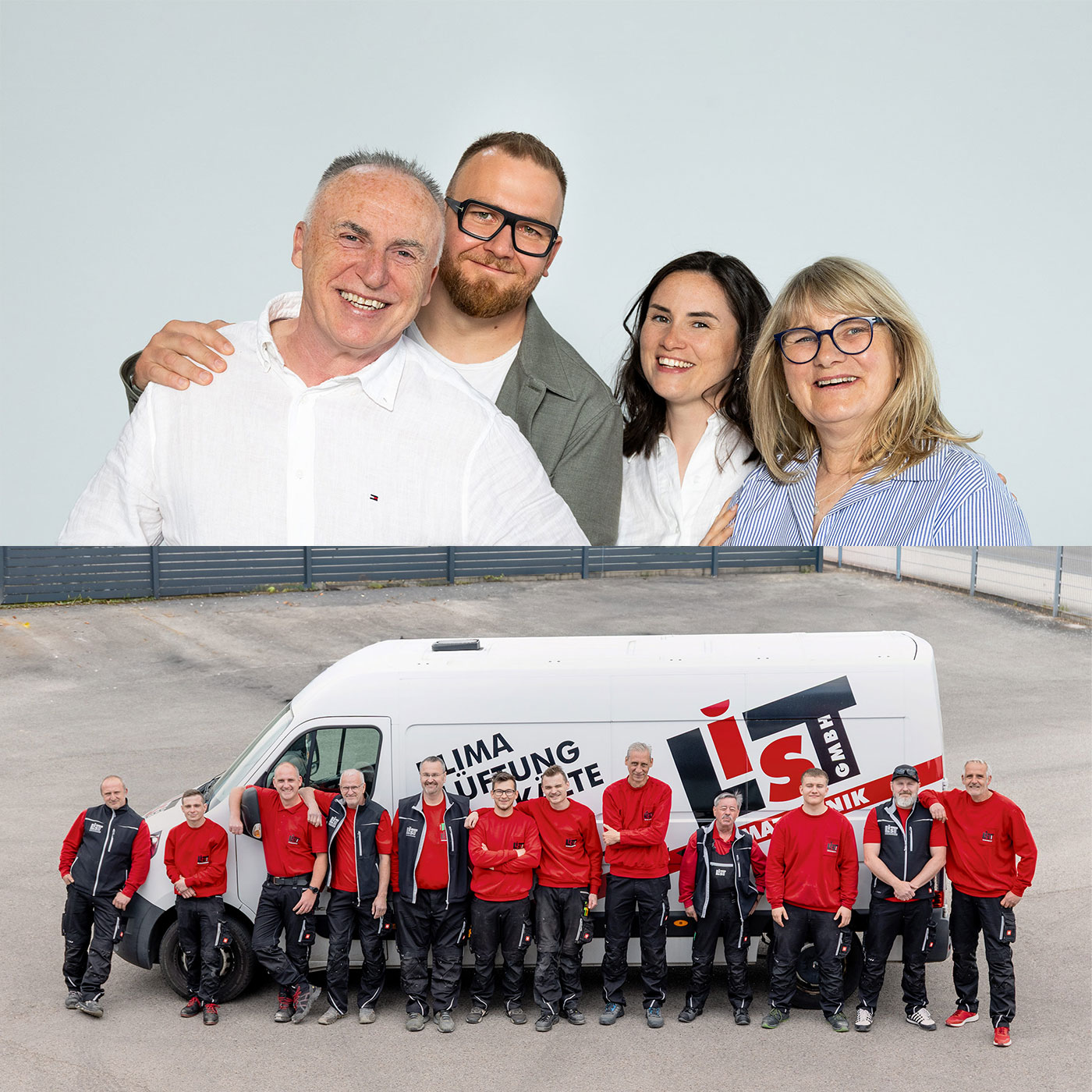 Collage aus einer Familienaufnahme und einem Teambild der Monteure