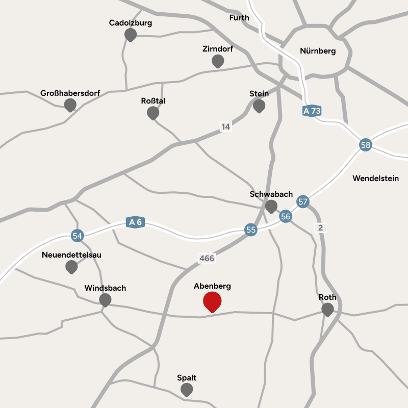 Stilisierte Darstellung einer Anfahrtskarte mit dem Firmenstandort in Abenberg. Man sieht die wichtigen Verkehrswege mit der Autobahn A6 und A73 und den räumlichen Bezug zu Nürnberg.